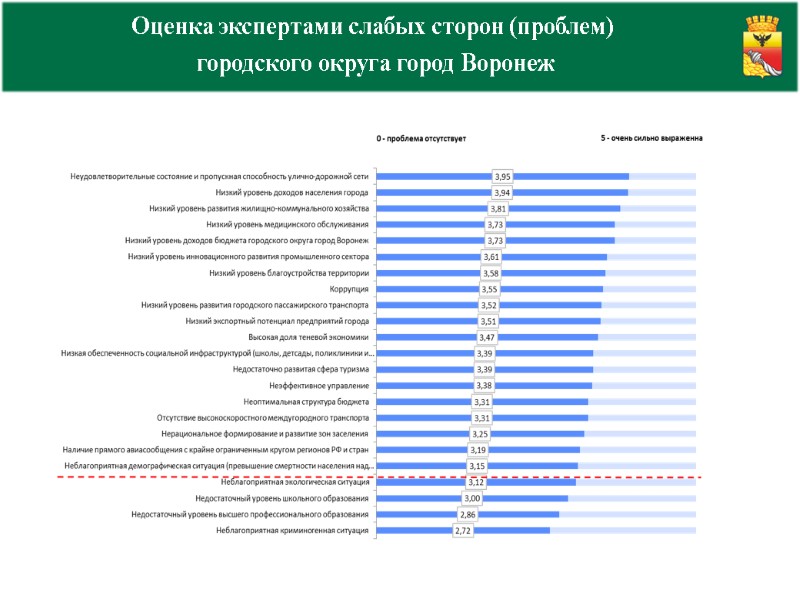 Оценка экспертами слабых сторон (проблем)  городского округа город Воронеж